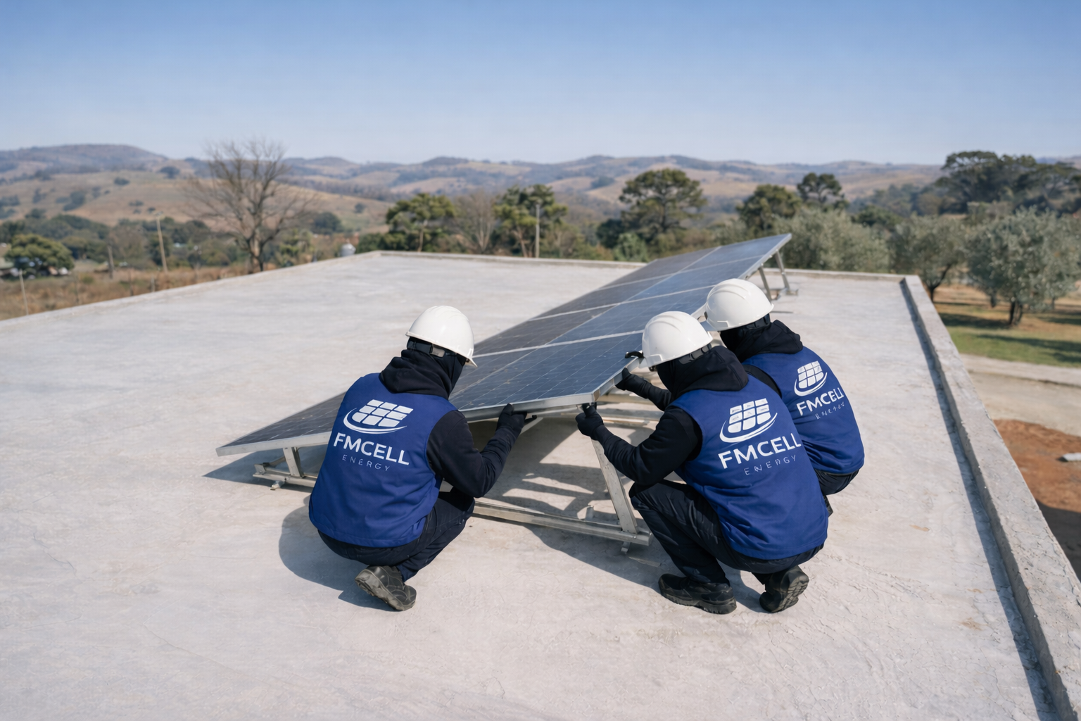 Técnicos de FMCELL Energy instalando paneles solares